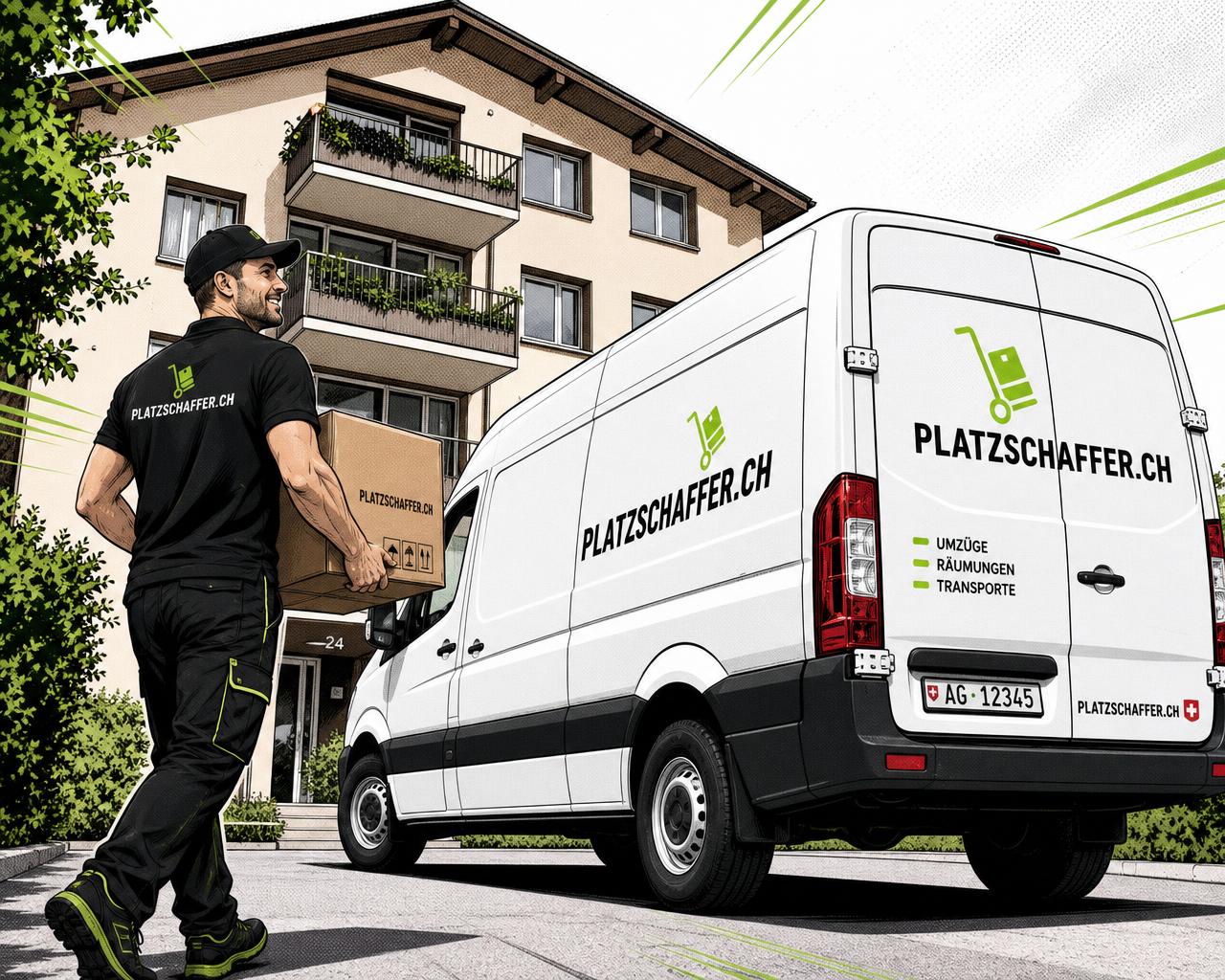 Comic-Illustration: Platzschaffer-Mitarbeiter trägt eine Kiste zum weissen Firmentransporter vor einem Aargauer Mehrfamilienhaus