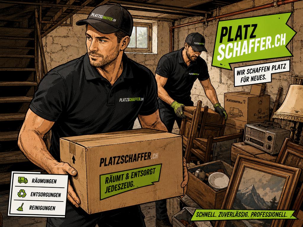 Comic-Illustration: Platzschaffer-Team räumt Keller und Estrich eines Hauses