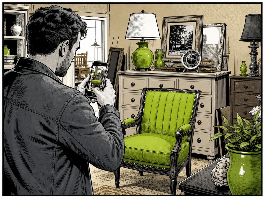 Comic-Illustration: Kundin fotografiert alte Möbel mit dem Smartphone für die Anfrage